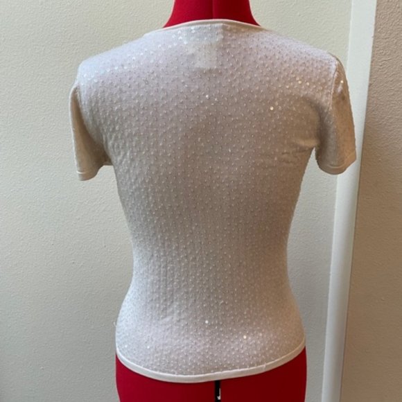 Oscar De La Renta Silk Knitted Beaded Sequin Short Sleeve Top,  Size Petite - Picture 7 of 16